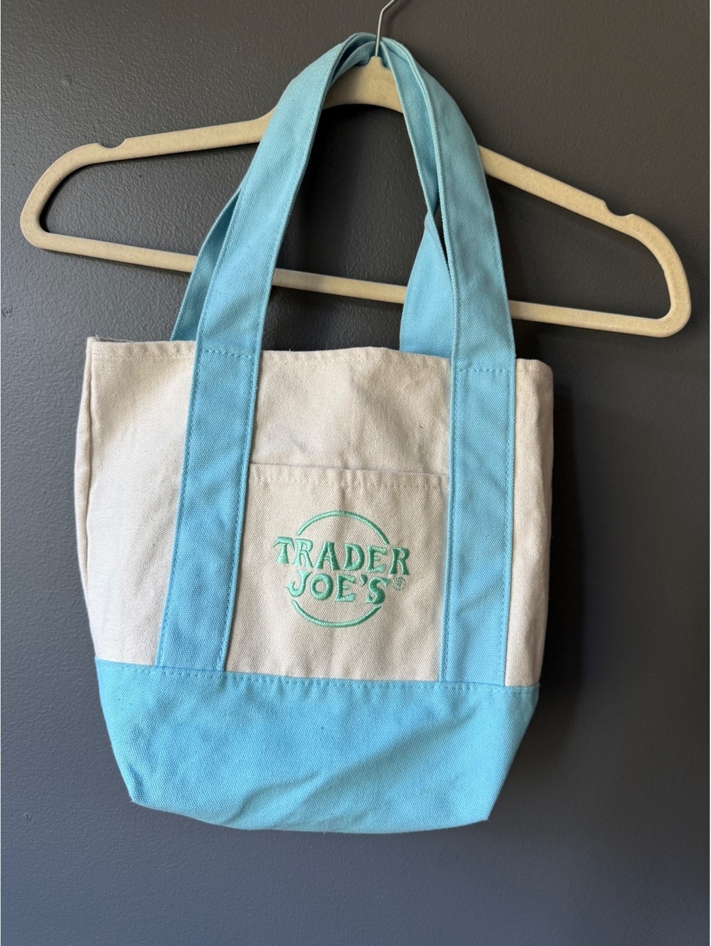 Trader Joe's Canvas Tote Bag with Blue Handles and Bottom